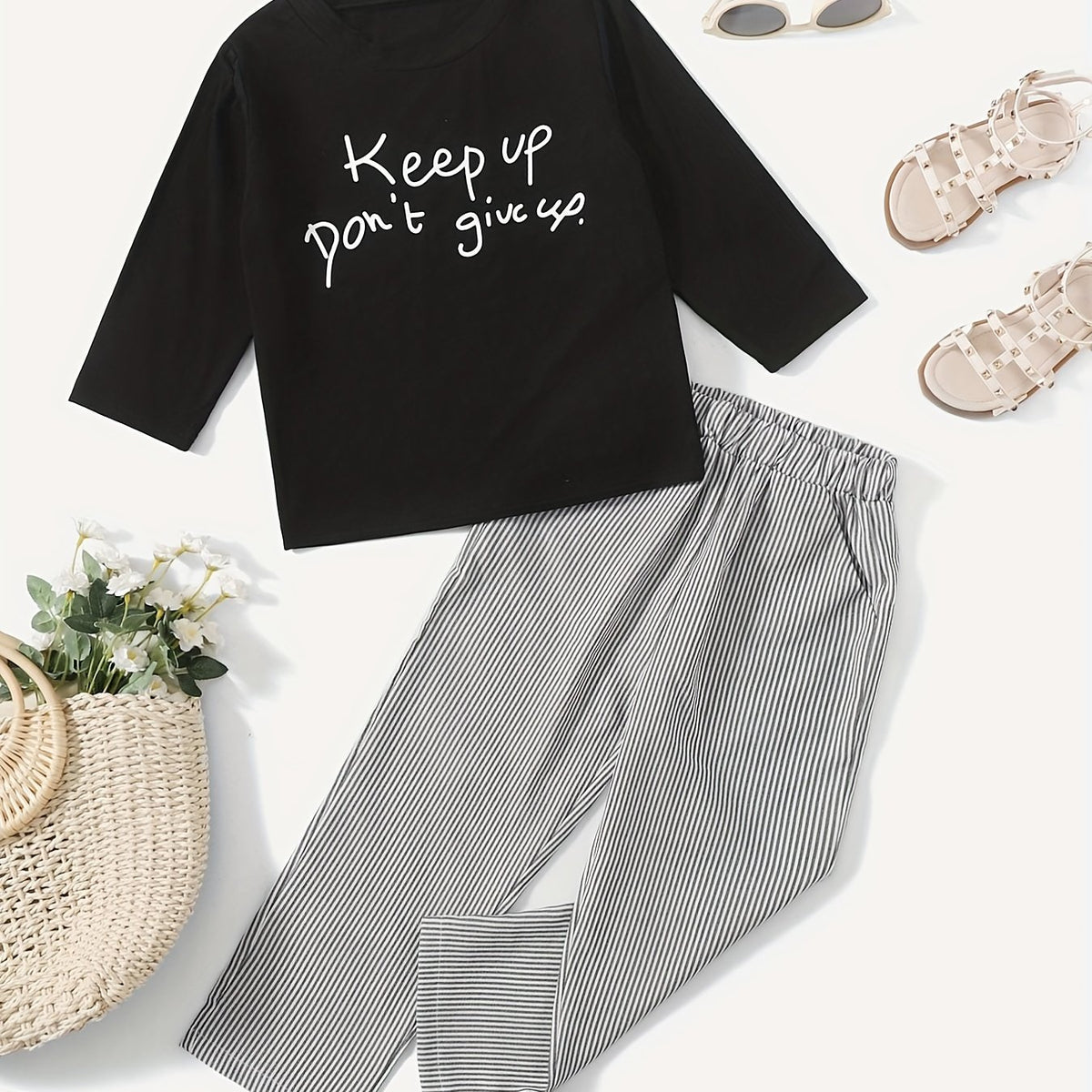 Girl's Casual 2pcs Pullover & Stripe Pants Set Spring Fall Outfits