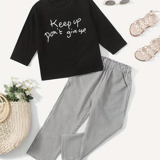 Girl's Casual 2pcs Pullover & Stripe Pants Set Spring Fall Outfits