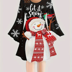  Christmas Snowman Print Long Sleeve Dress