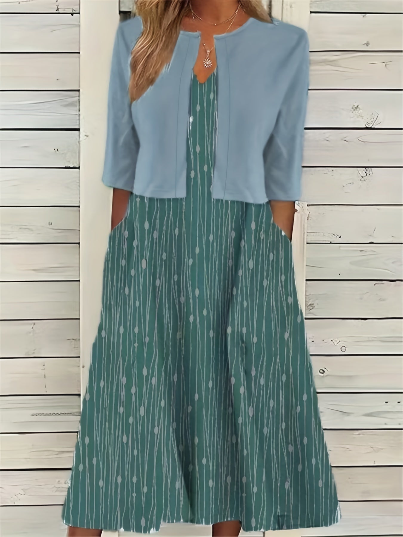 Floral Print Two Piece Dress Set Solid Crop Top & Crew Neck Dress