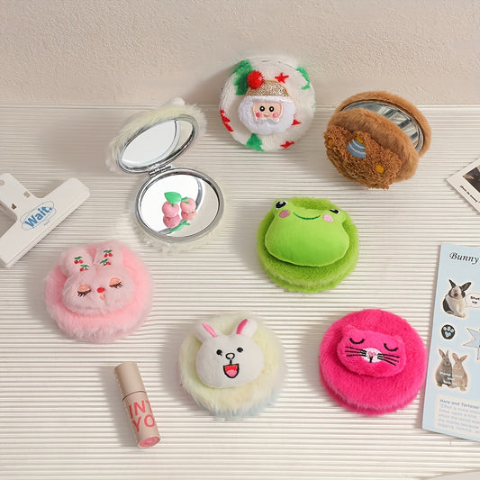 Cartoon Plush Folding Mirror Travel Portable Cosmetic Touch Up Mirror