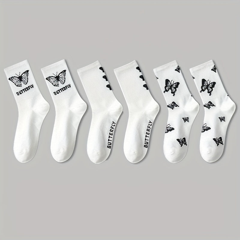 3 Pairs Butterfly Print Socks Women's Mid Tube Stockings