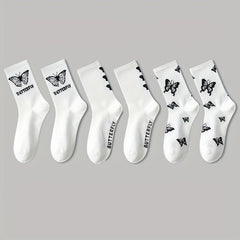 3 Pairs Butterfly Print Socks Women's Mid Tube Stockings