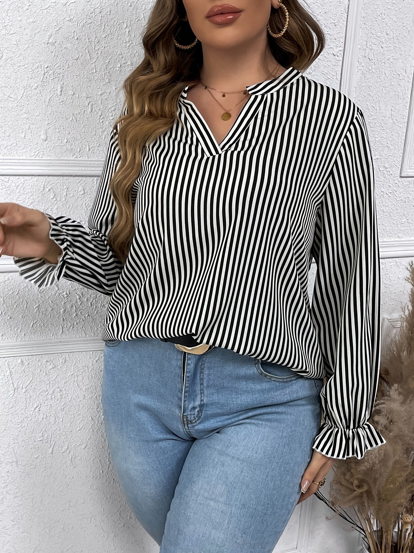 Striped Print Lantern Sleeve V Neck Blouse Plus Size Casual Blouse