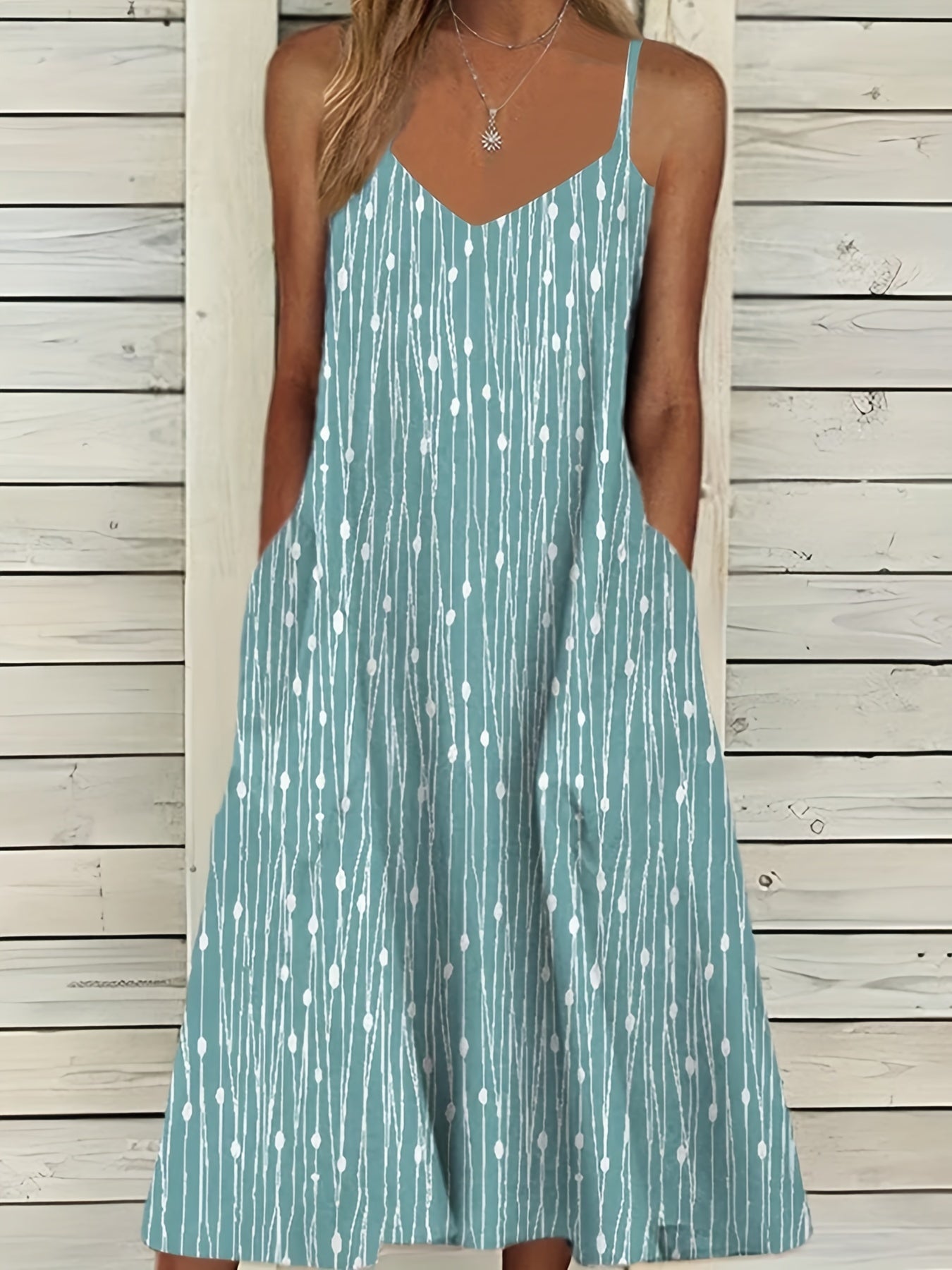 Crop Cardigan & Print V Neck Strap Dress Set