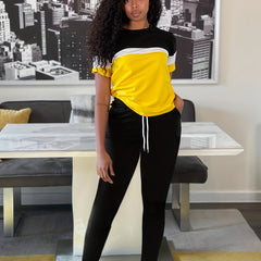 Casual Matching Two-piece Set Block Short Sleeve T-shirt & Striped Pants