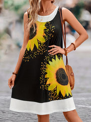  Colorblock Sunflower Print Tank Dress