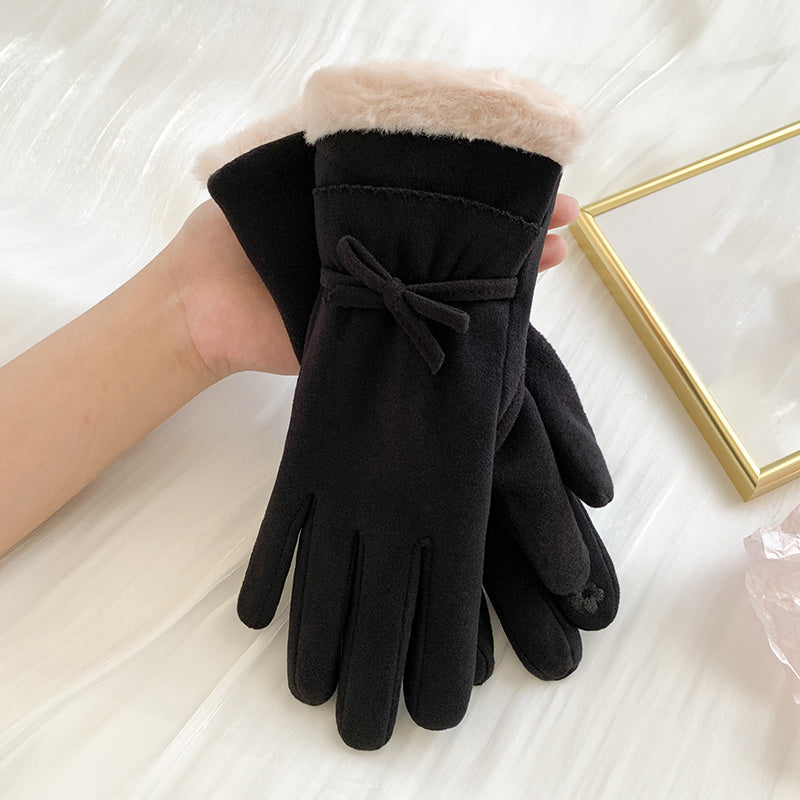 Women's Warm Gloves Outdoor Riding Driving Bow Plus Fleece Mittens