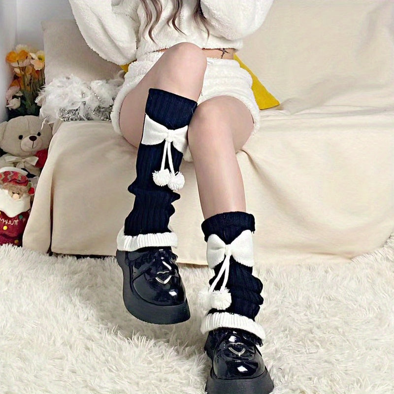 Ruffle Bow Rib Knit Leg Warmers Knee High Socks Women's Stockings