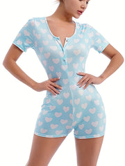Heart Print Lounge Romper Sexy Short Sleeve Buttons Romper Women's Loungewear