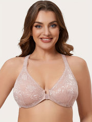 Floral Jacquard Plus Size Front Closure Racer Back Bra