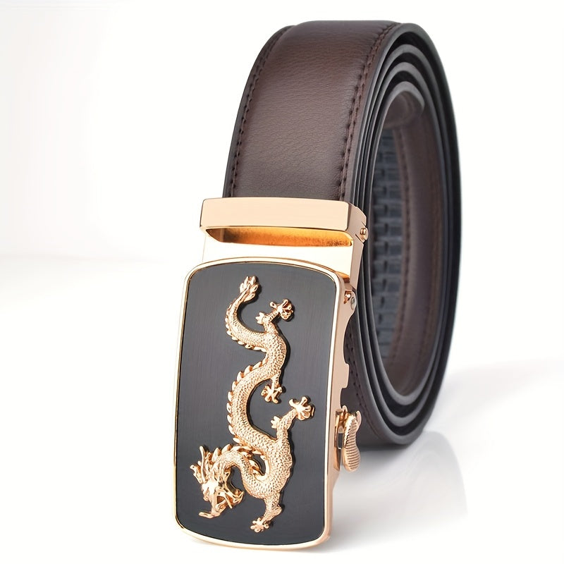Men's Leather Belt Dragon Pattern Automatic Buckle Business Suit Waist Strap