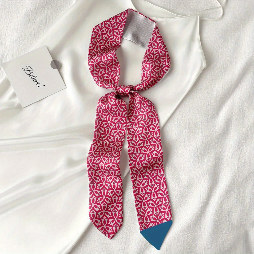 Geometric Floral Print Skinny Scarf French Style Ribbon Necktie