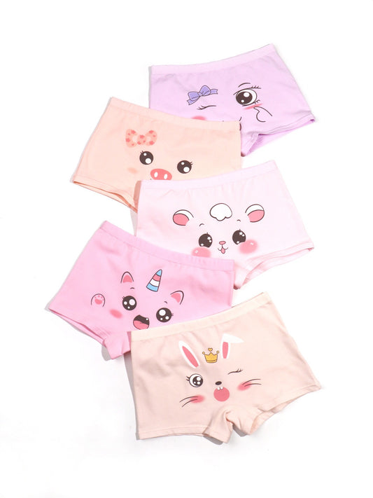 5pcs Girls Boyshorts Panties with Cartoon Graphic Underwear Set