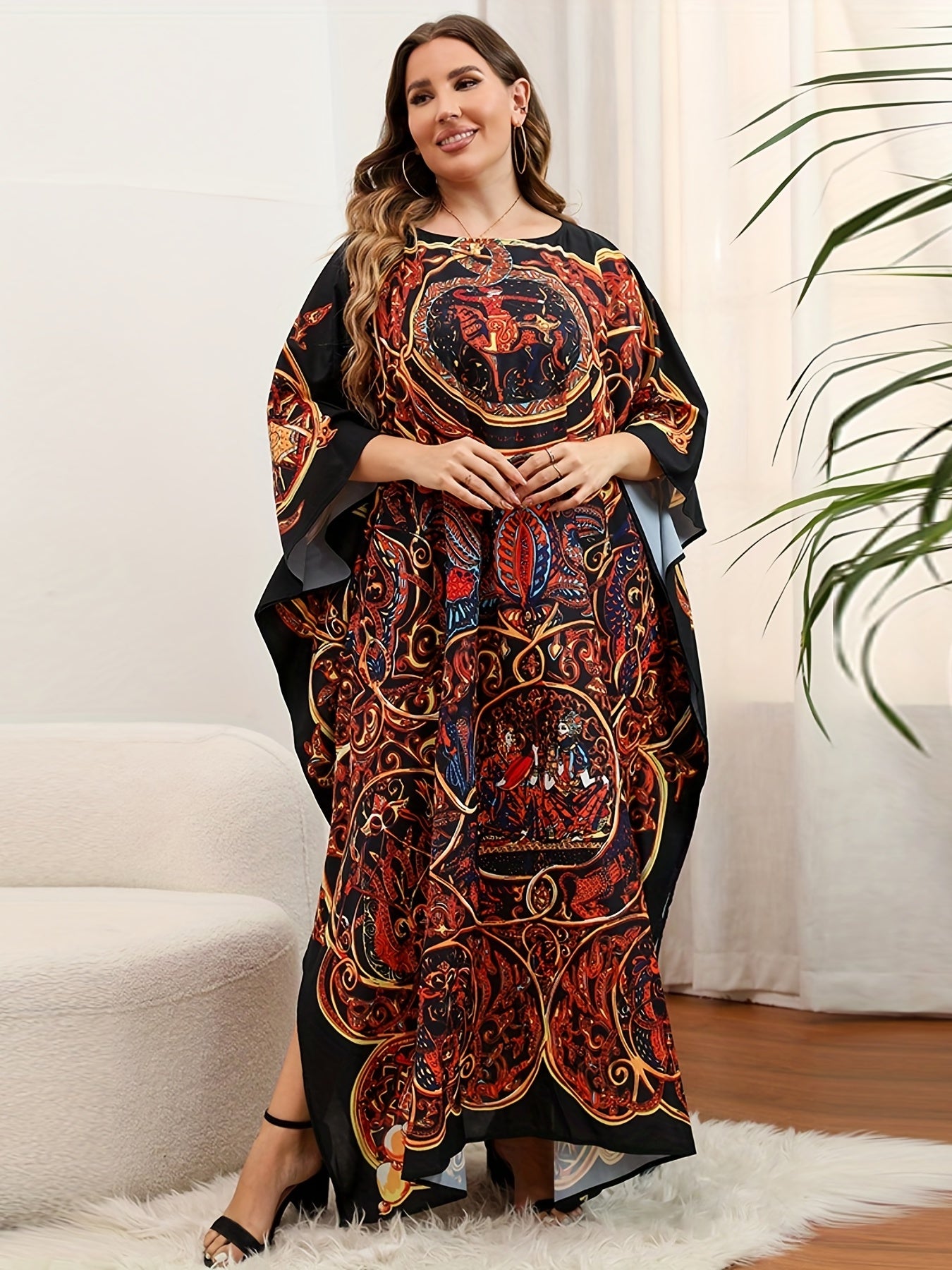  Boho Kimono Paisley Print Batwing Sleeve Maxi Cover Up