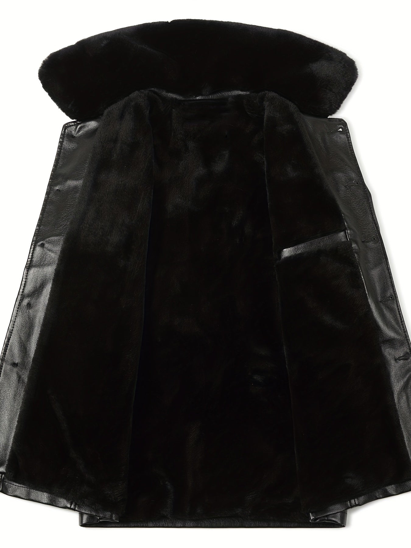 Men's Fleece PU Jacket Fur Collar Button Up Leather Jacket
