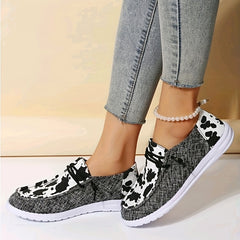 Cow Print Flat Loafers Slip On Canvas Shoes Round Toe Low Top