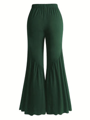  Solid Elastic High Rise Flared Leg Trousers