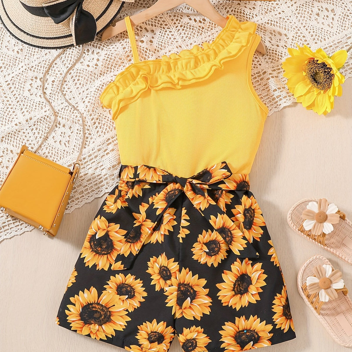 Girls Sunflower Pattern Ribbed Cami Romper Jumpsuit