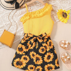 Girls Sunflower Pattern Ribbed Cami Romper Jumpsuit
