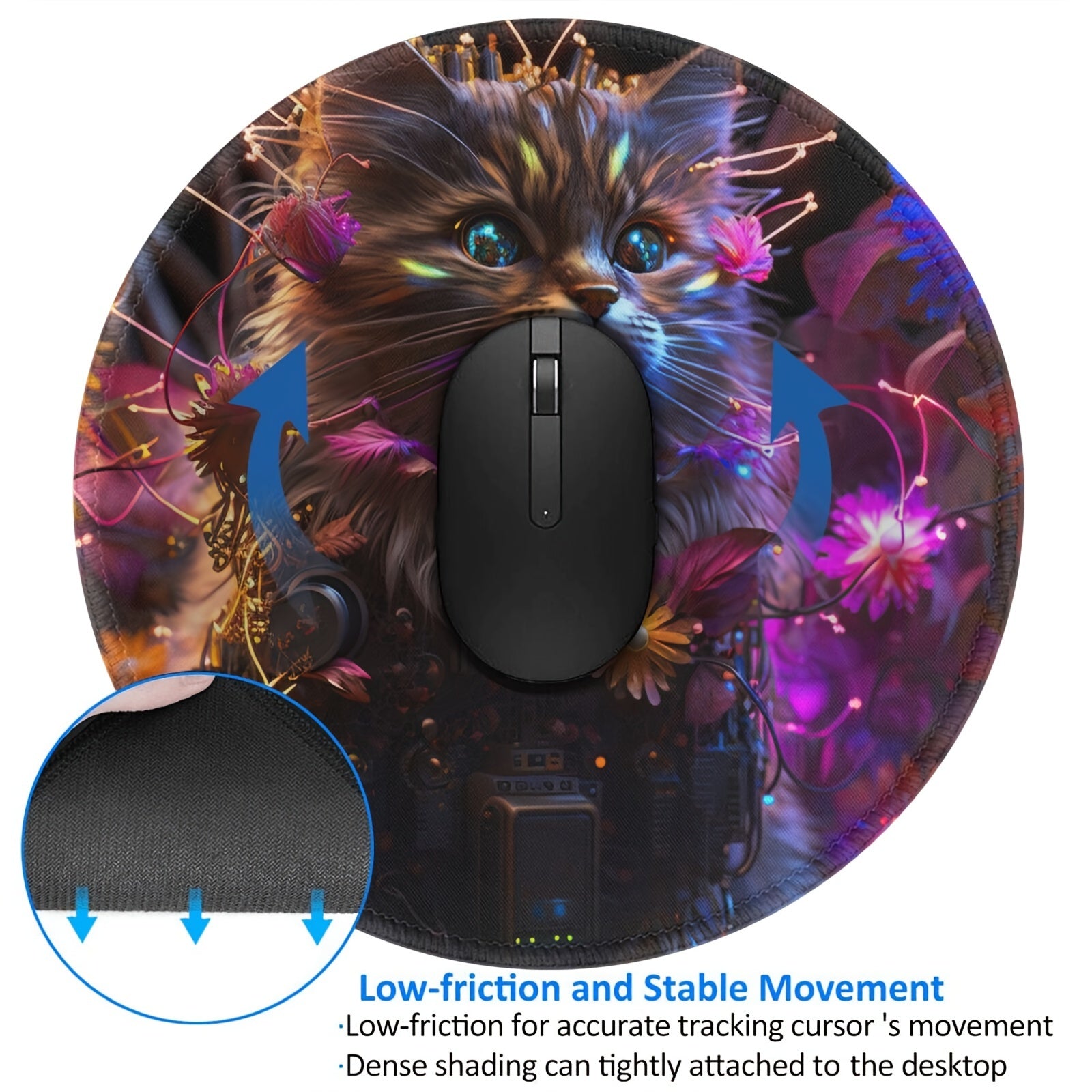 Colorful Cat Pattern Round Gaming Mouse Pad 20x20cm