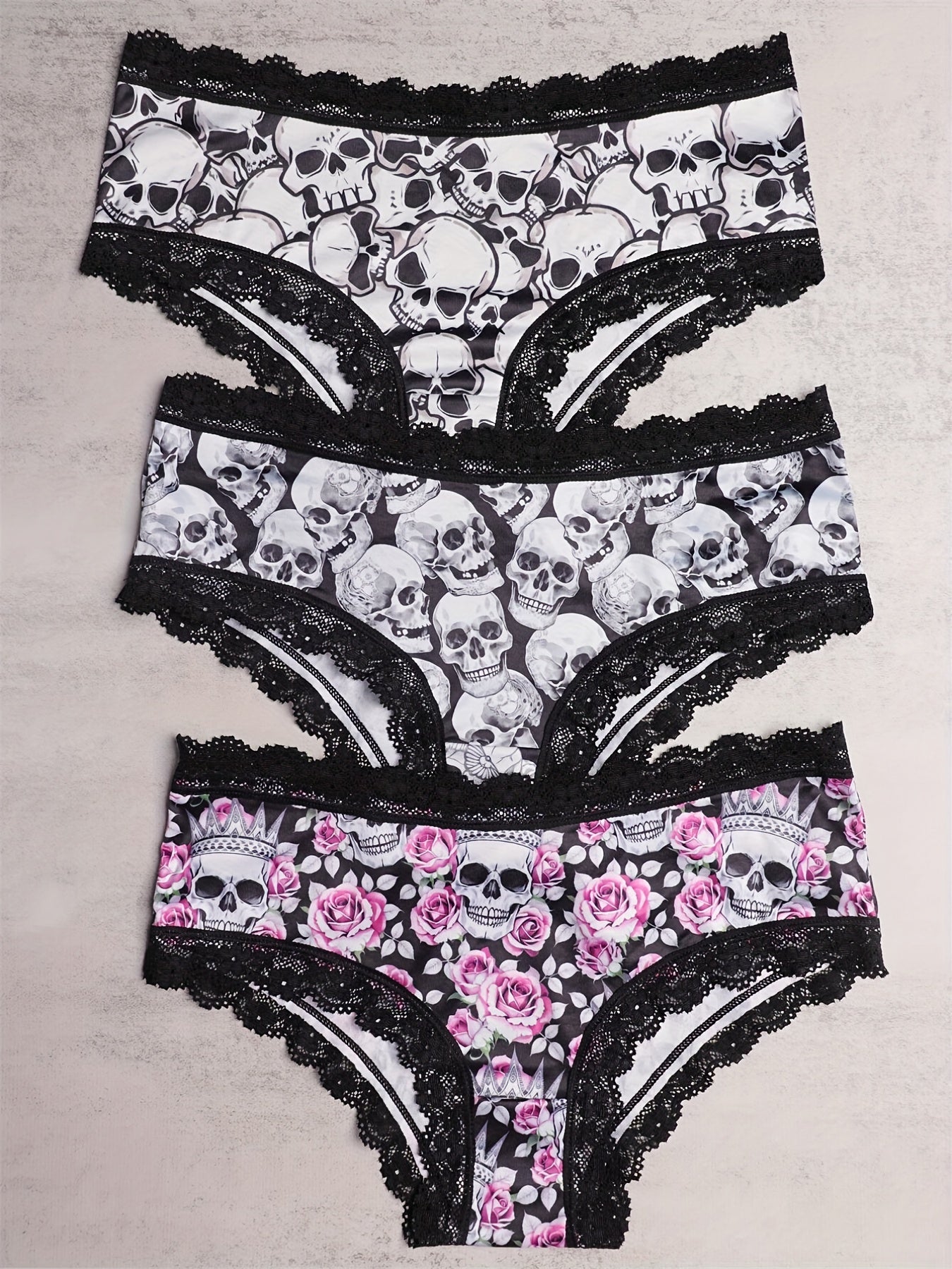 3pcs Lace Hipster Panties Skull Print Intimates Women's Underwear