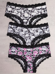 3pcs Lace Hipster Panties Skull Print Intimates Women's Underwear