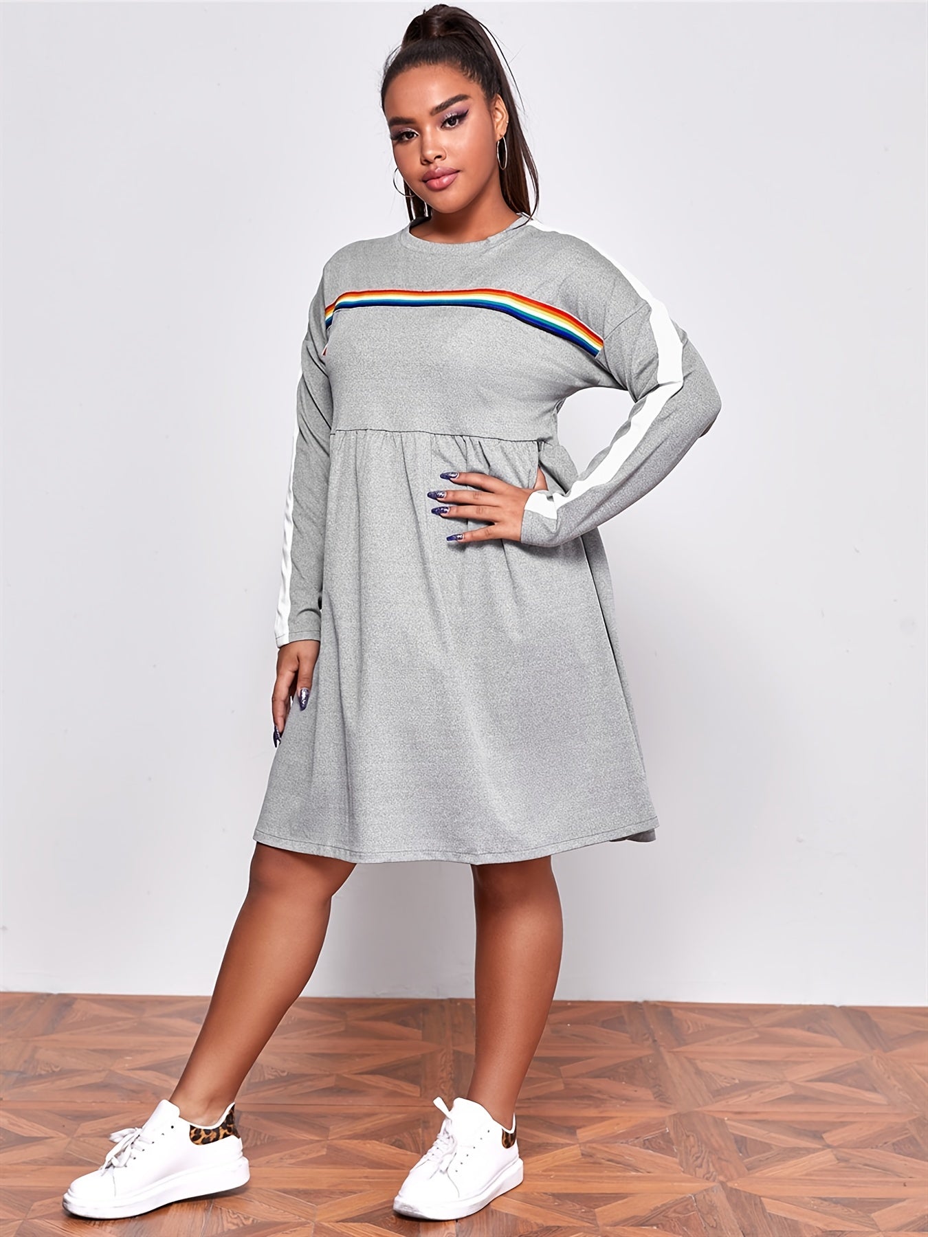  Rainbow Striped Midi Tee Dress Women's Plus Stretch Sporty Tee Dress