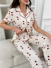Heart Print Pajama Set Short Sleeve Top & Pants