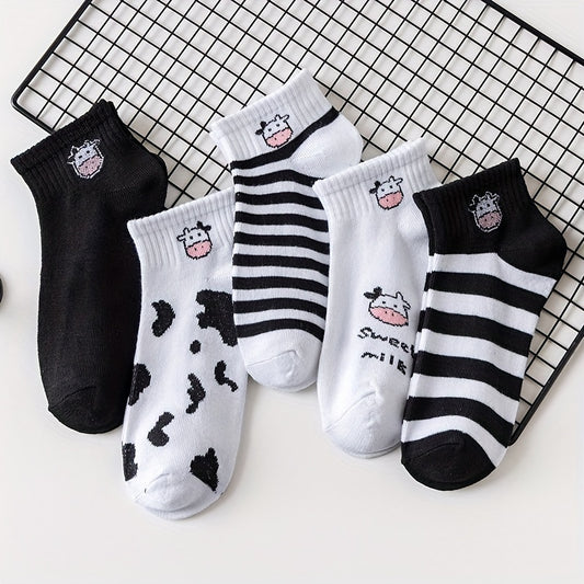 5Pairs Girls Cartoon Cow Print Cotton Blend Ankle Socks for Spring