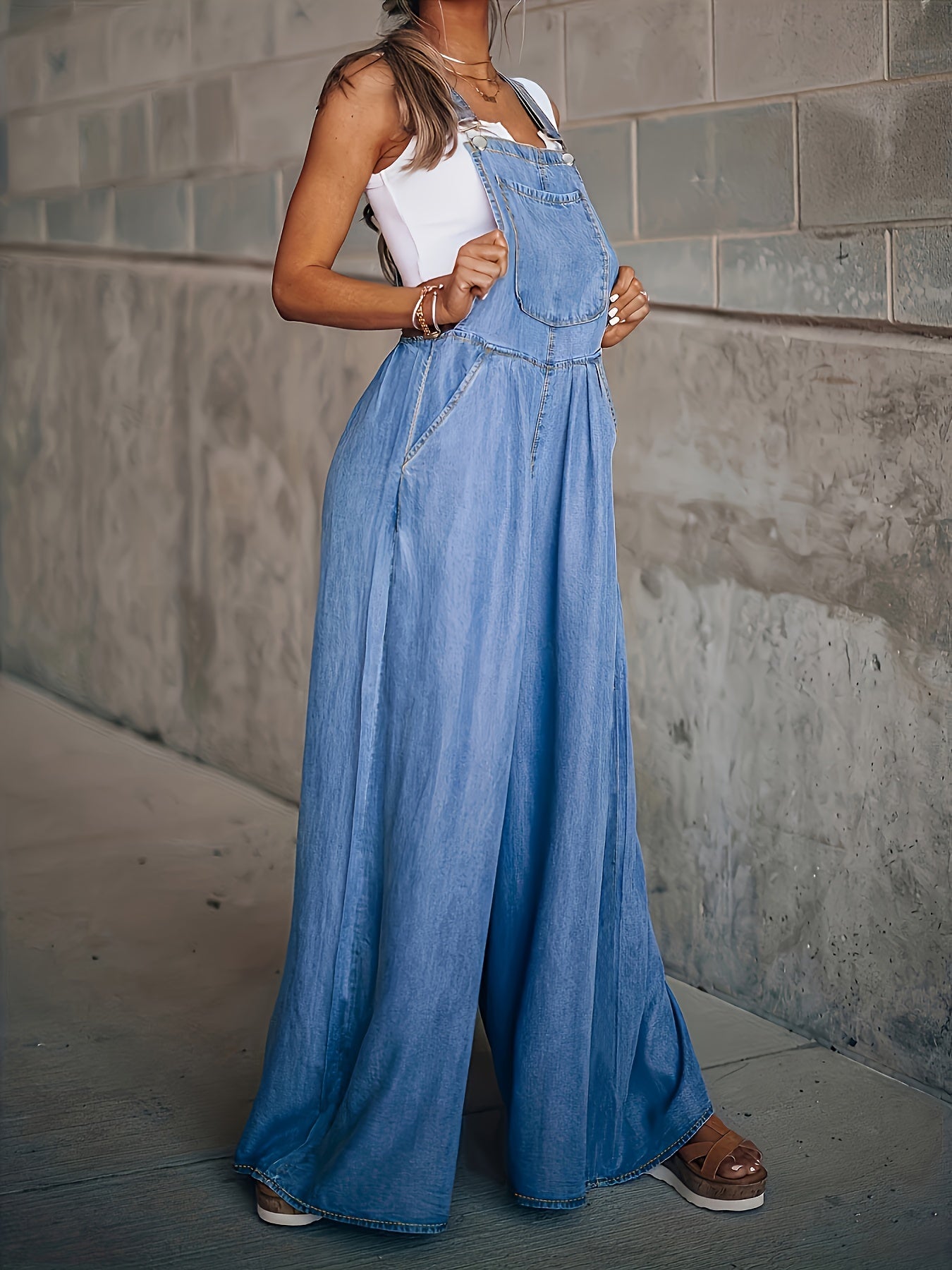 Sleeveless Denim Jumpsuit Casual Suspender Trousers