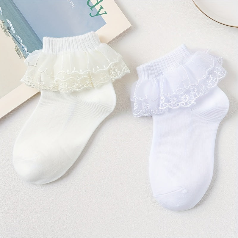 Girls Ruffle Lace Trim Ankle Cotton Socks, 4 Pairs