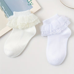 Girls Ruffle Lace Trim Ankle Cotton Socks, 4 Pairs