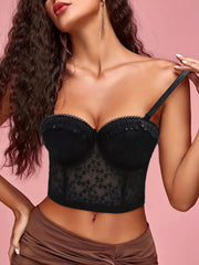 Floral Embroidery Corset Top Mesh Push Up Cami Crop Top