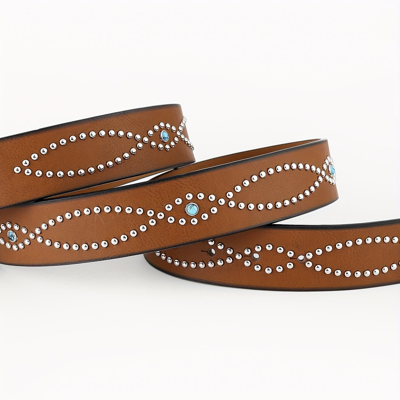 Boho Turquoise Belt Square Buckle Rhinestone Decor PU Belt
