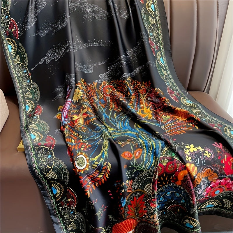 Vintage Phoenix Tree Print Satin Silk Scarf