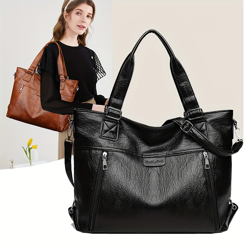 Large Capacity PU Leather Women's Shoulder Bag with Zipper Closure