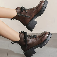 Chunky Heeled Combat Boots Lace Up & Side Zipper Women's Ankle Boot