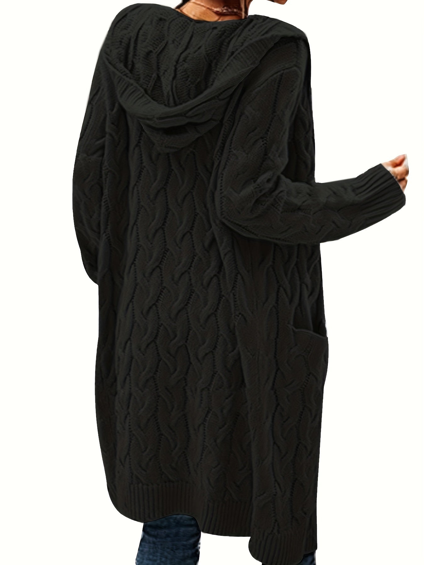 Solid Twisted Knitted Hooded Cardigan for Women