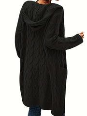 Solid Twisted Knitted Hooded Cardigan for Women