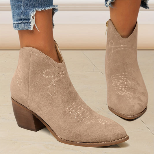 Women's Embroidered Heeled Ankle Boots Pointed Toe