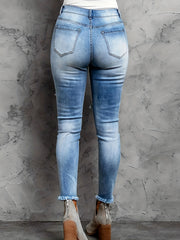  Leopard Patched Ripped Button Fly High Stretch Denim Pants