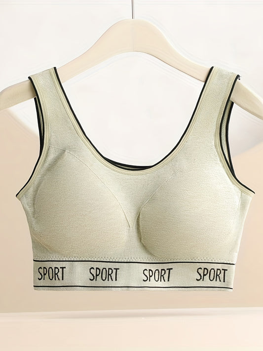 Casual Sports Bra Women's Plus Letter Tape Solid Round Neck