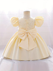 Girls Puff Sleeve Princess Dress with Flower Decor