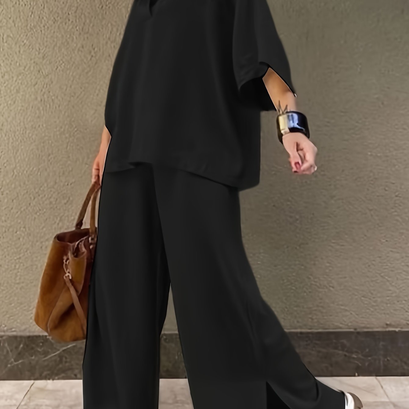  Solid Loose Fit Tee & Split Pants Outfit Set