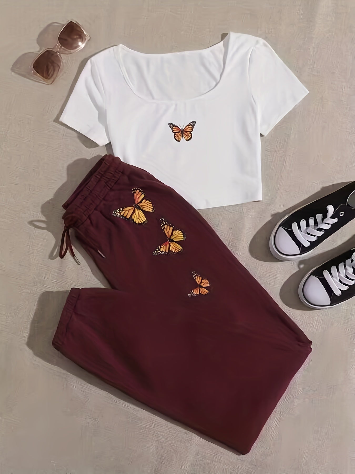 Butterfly Print Two piece Set Crop Top & Jogger Pants Outfits Women's Clothing