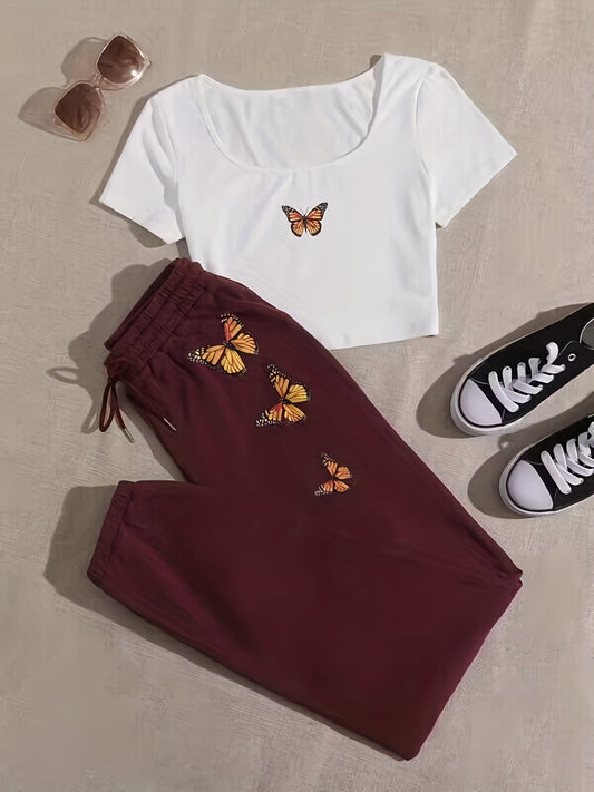 Butterfly Print Two piece Set Crop Top & Jogger Pants Outfits Women's Clothing