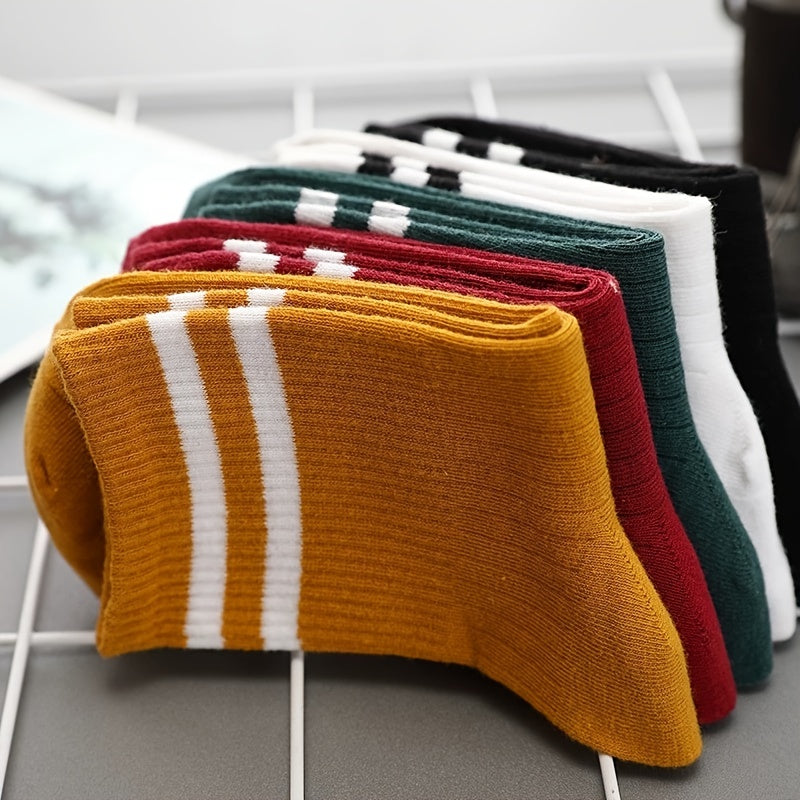 5 Pairs Patched Stripes Crew Socks Basic Stockings
