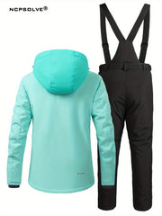 Letter Pattern Ski Set Zip Pocket Hooded Jacket & Suspender Trouser Suit
