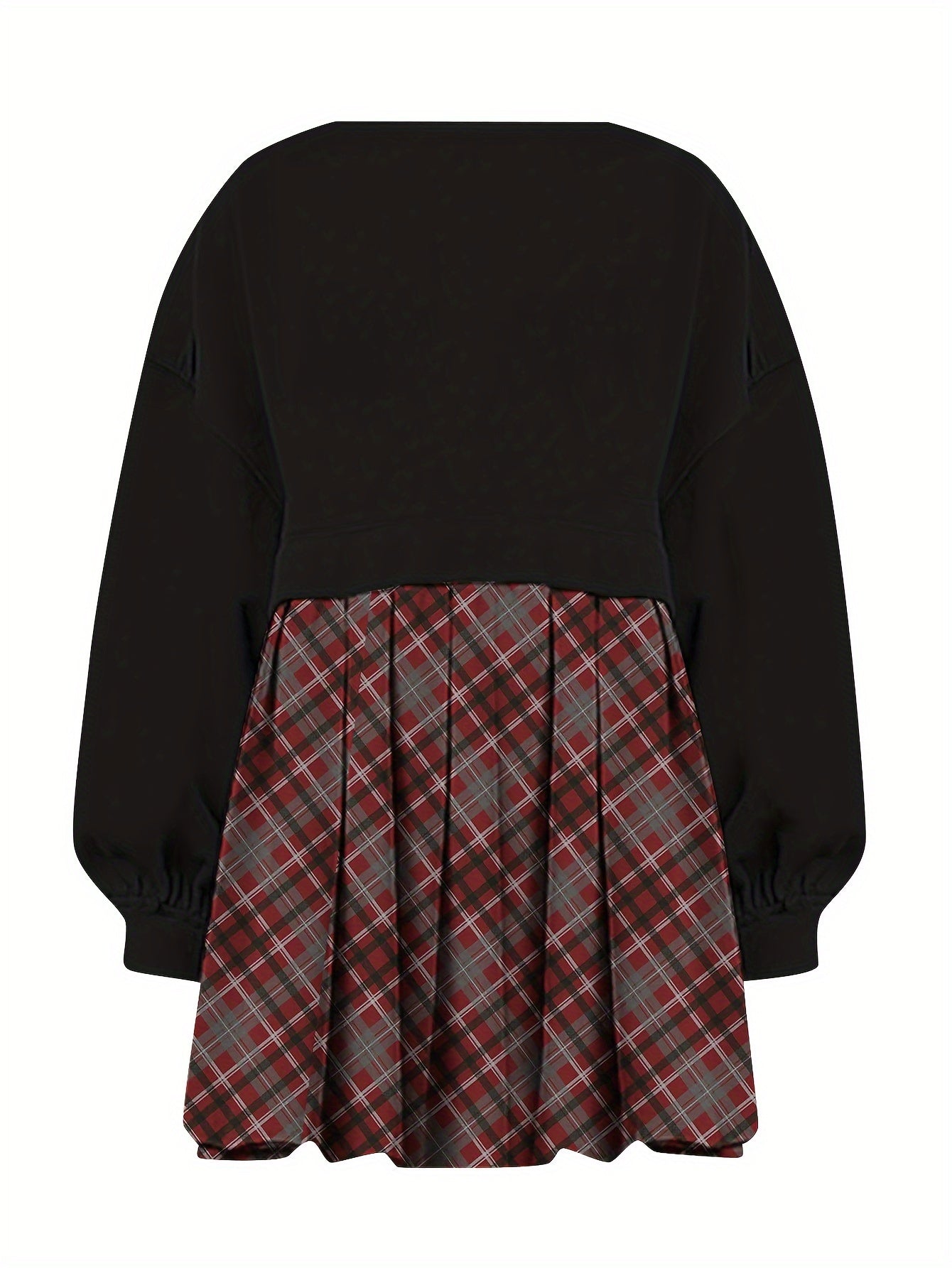  Colorblock Plaid Print Long Sleeve Dress